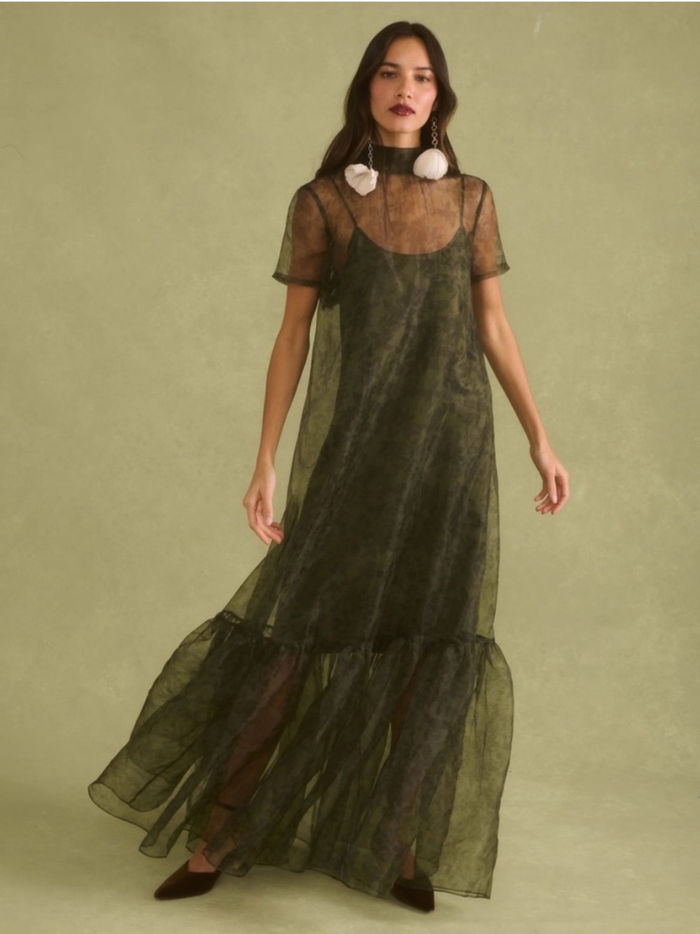 NWT CAARA Melody Olive Floral Organza Elegant Dress Size Medium - Picture 2 of 10